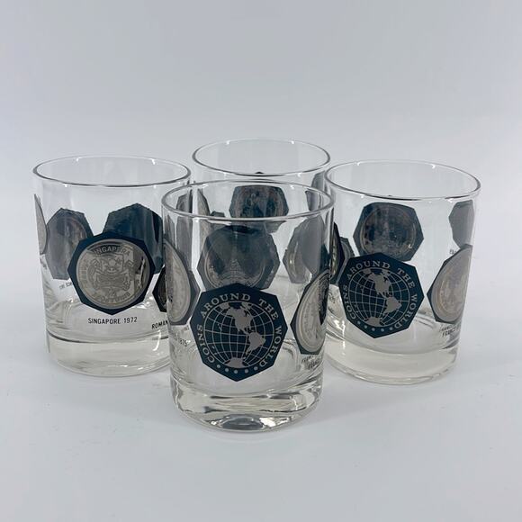 Vintage 60's Around the World Coins barware drinkware Lowball glasses set of 4 - Picture 1 of 7